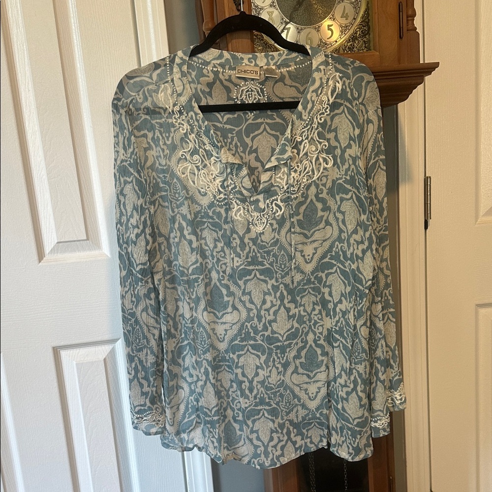 Chico's Silk Light Blue and White Patterned Blouse